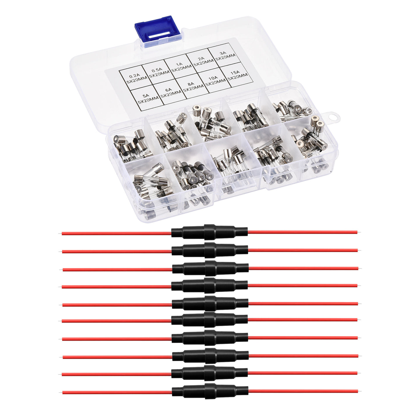 Harfington 0.2A-15A 250V 5x20mm Fast Blow 10 Value 100pcs Glass Fuses Kit with Wire