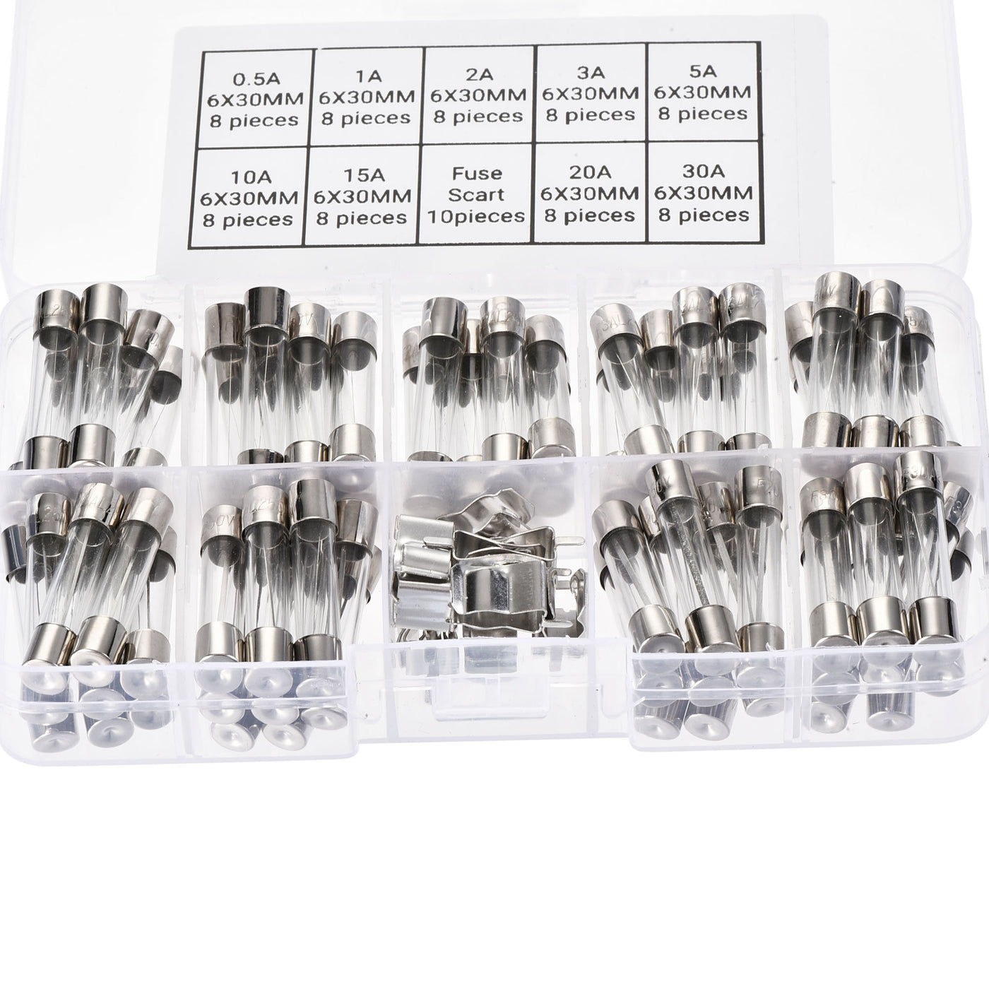 Harfington 0.5A-30A 250V 6x30mm Fast Blow 9 Value 72pcs Glass Fuses Kit with Wire and Fuse Seat