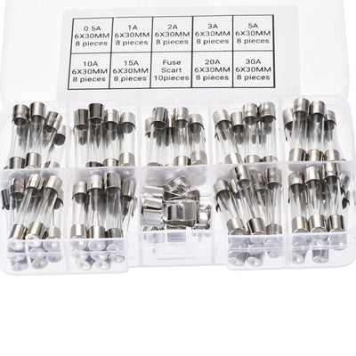 Harfington 0.5A-30A 250V 6x30mm Fast Blow 9 Value 72pcs Glass Fuses Kit with Wire and Fuse Seat