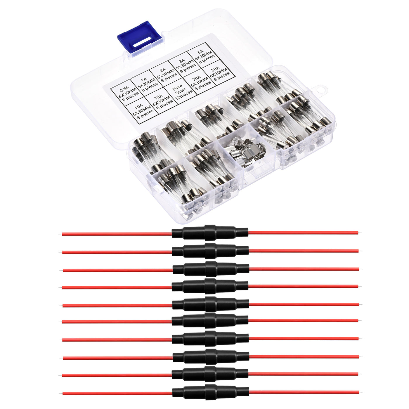 Harfington 0.5A-30A 250V 6x30mm Fast Blow 9 Value 72pcs Glass Fuses Kit with Wire and Fuse Seat