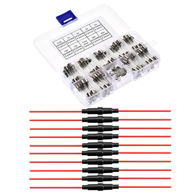 Harfington 0.5A-30A 250V 6x30mm Fast Blow 9 Value 72pcs Glass Fuses Kit with Wire and Fuse Seat
