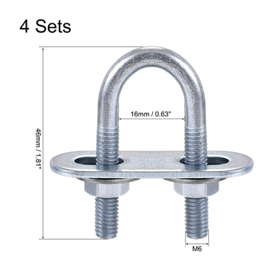Harfington Round U-Bolt 16mm Inner Width 46mm Length Steel M6 with Nut Plate Washer 4 Sets