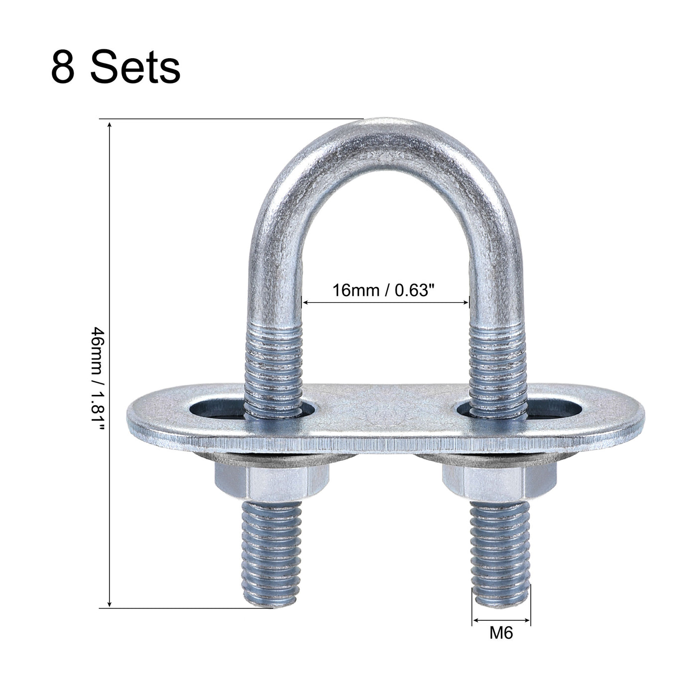 Harfington Round U-Bolt 16mm Inner Width 46mm Length Steel M6 with Nut Plate Washer 8 Sets