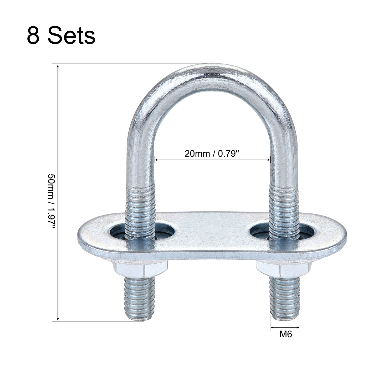 Harfington Round U-Bolt 20mm Inner Width 50mm Length Steel M6 with Nut Plate Washer 8 Sets