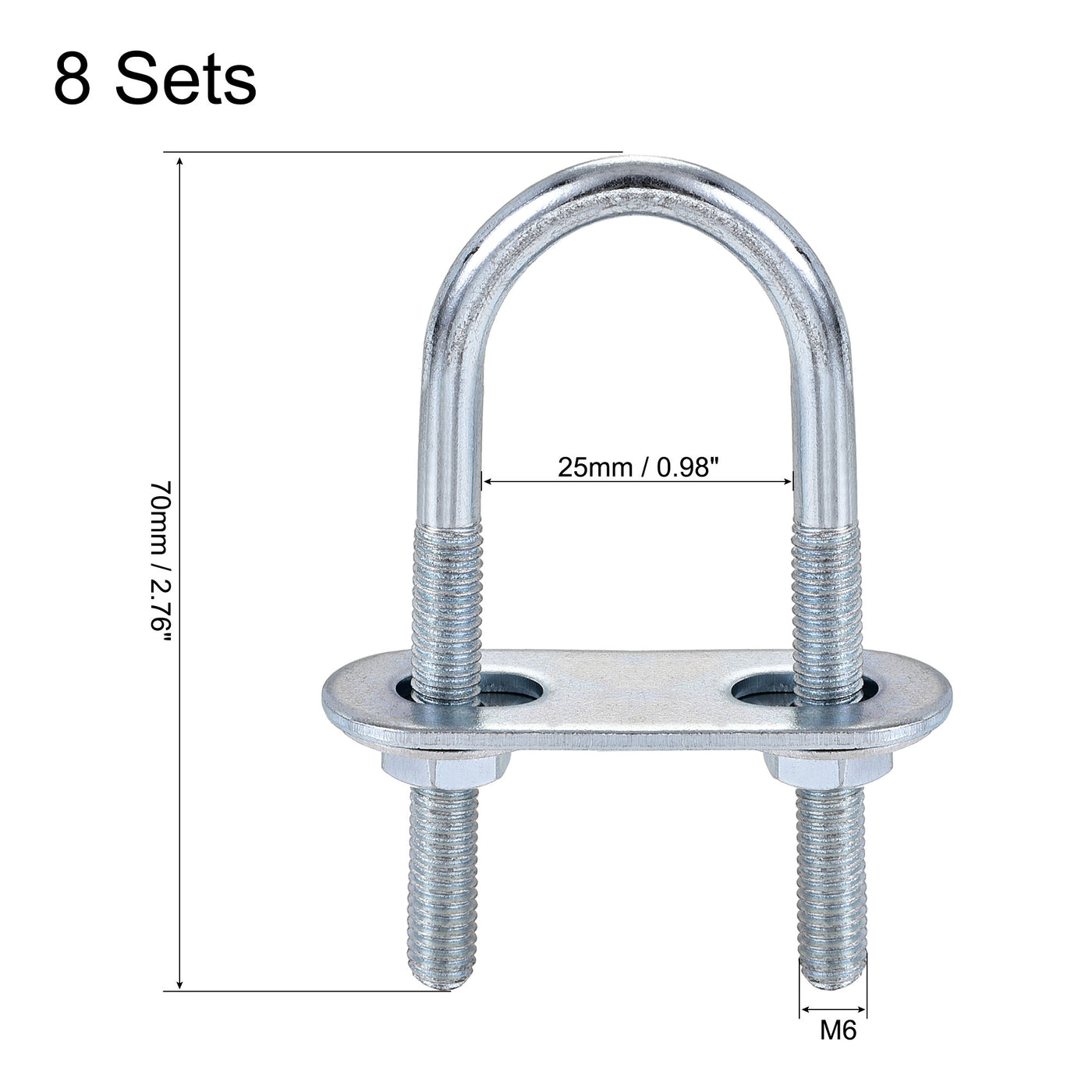 Harfington Round U-Bolt 25mm Inner Width 70mm Length Steel M6 with Nut Plate Washer 8 Sets