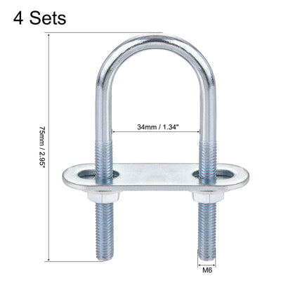 Harfington Round U-Bolt 34mm Inner Width 75mm Length Steel M6 with Nut Plate Washer 4 Sets