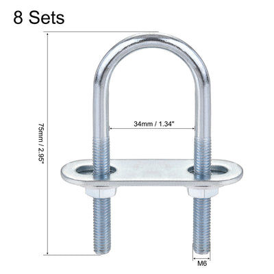 Harfington Round U-Bolt 34mm Inner Width 75mm Length Steel M6 with Nut Plate Washer 8 Sets