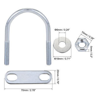 Harfington Round U-Bolt 42mm Inner Width 70mm Length Steel M6 with Nut Plate Washer 4 Sets