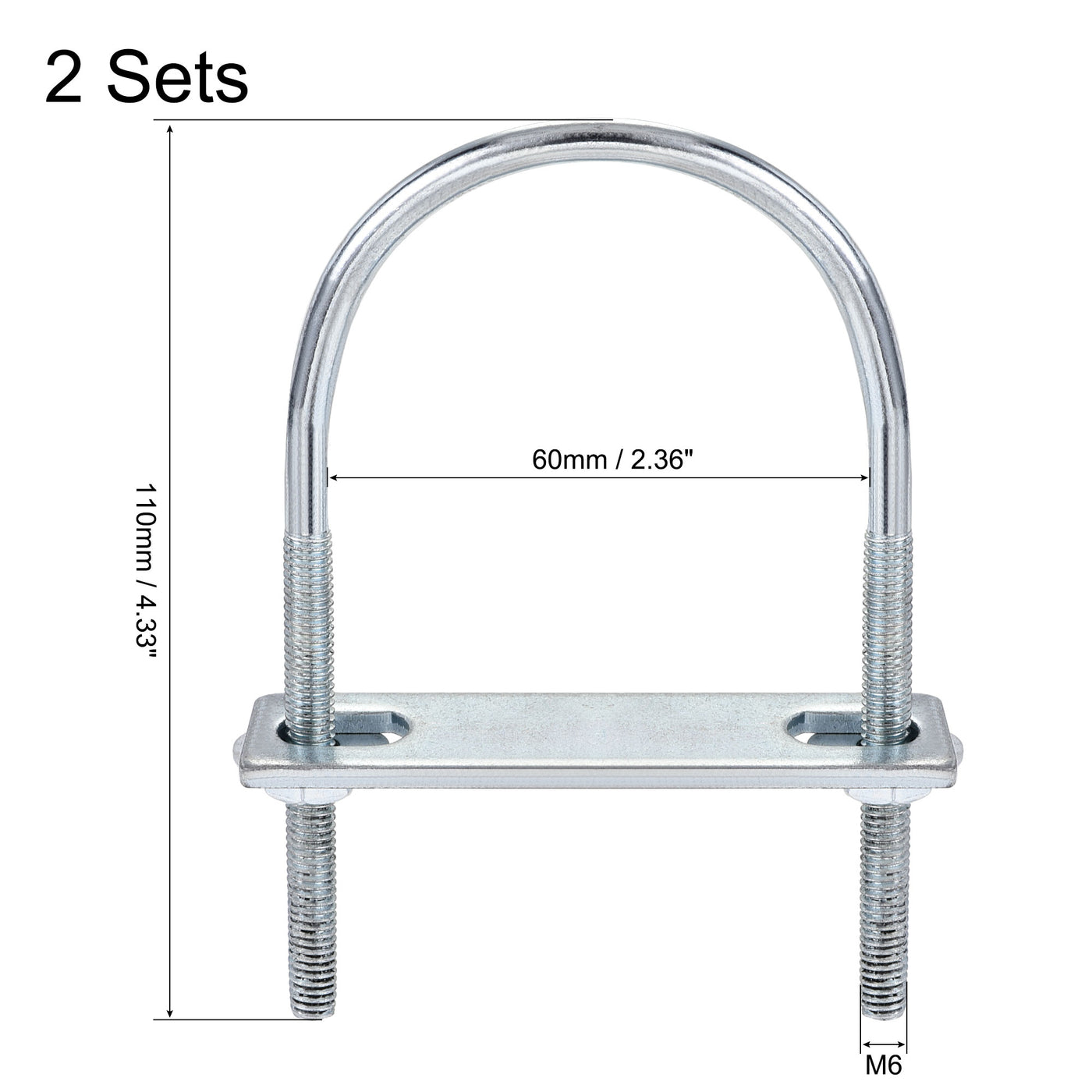 Harfington Round U-Bolt 60mm Inner Width 110mm Length Steel M6 with Nut Plate Washer 2 Sets