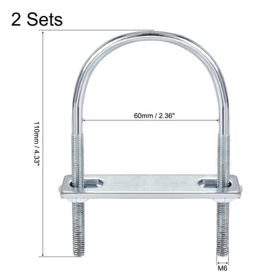 Harfington Round U-Bolt 60mm Inner Width 110mm Length Steel M6 with Nut Plate Washer 2 Sets