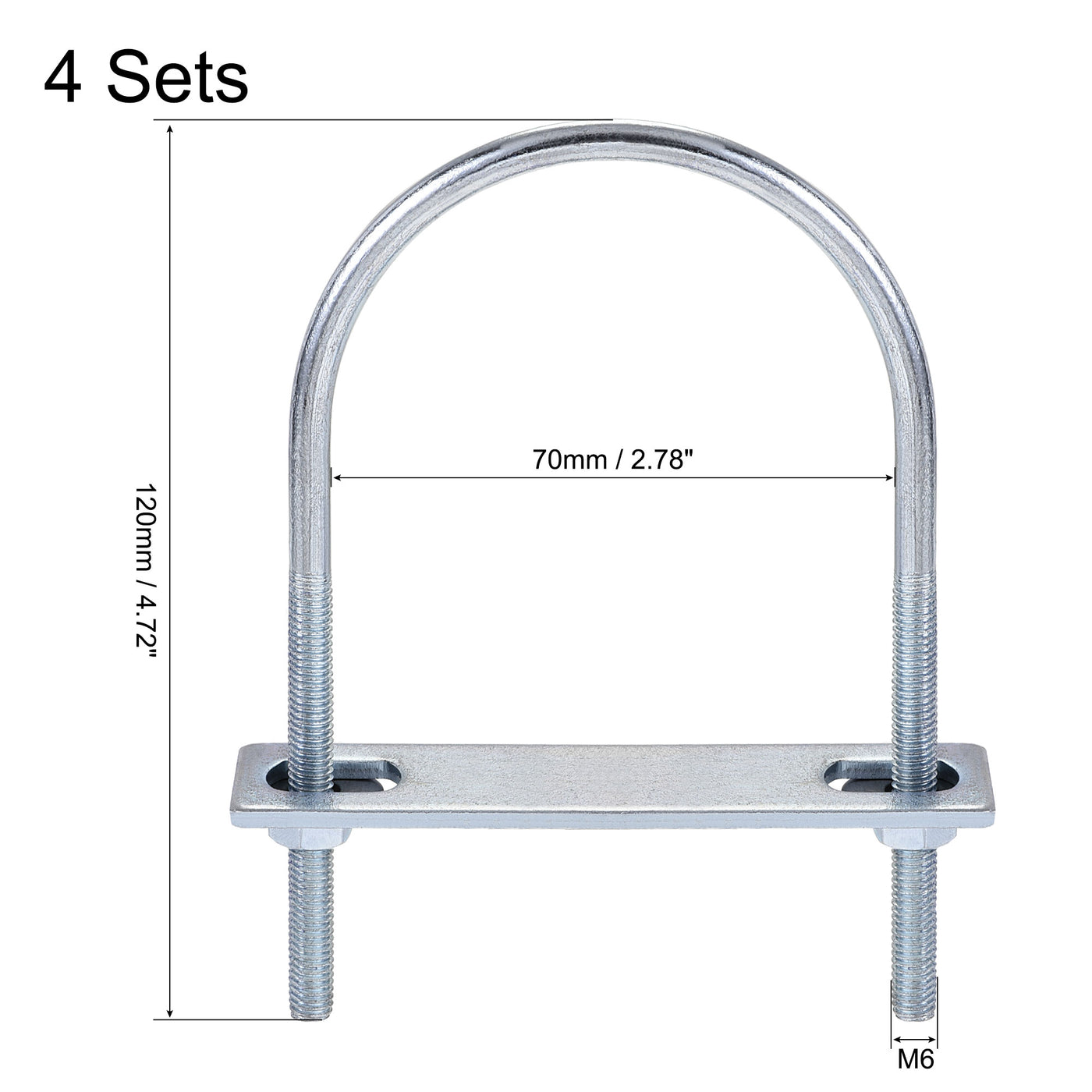 Harfington Round U-Bolt 70mm Inner Width 120mm Length Steel M6 with Nut Plate Washer 4 Sets