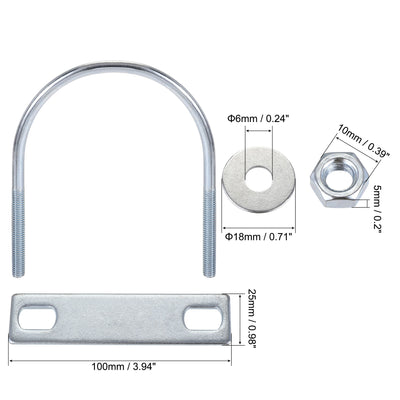 Harfington Round U-Bolt 77mm Inner Width 99mm Length Steel M6 with Nut Plate Washer 2 Sets