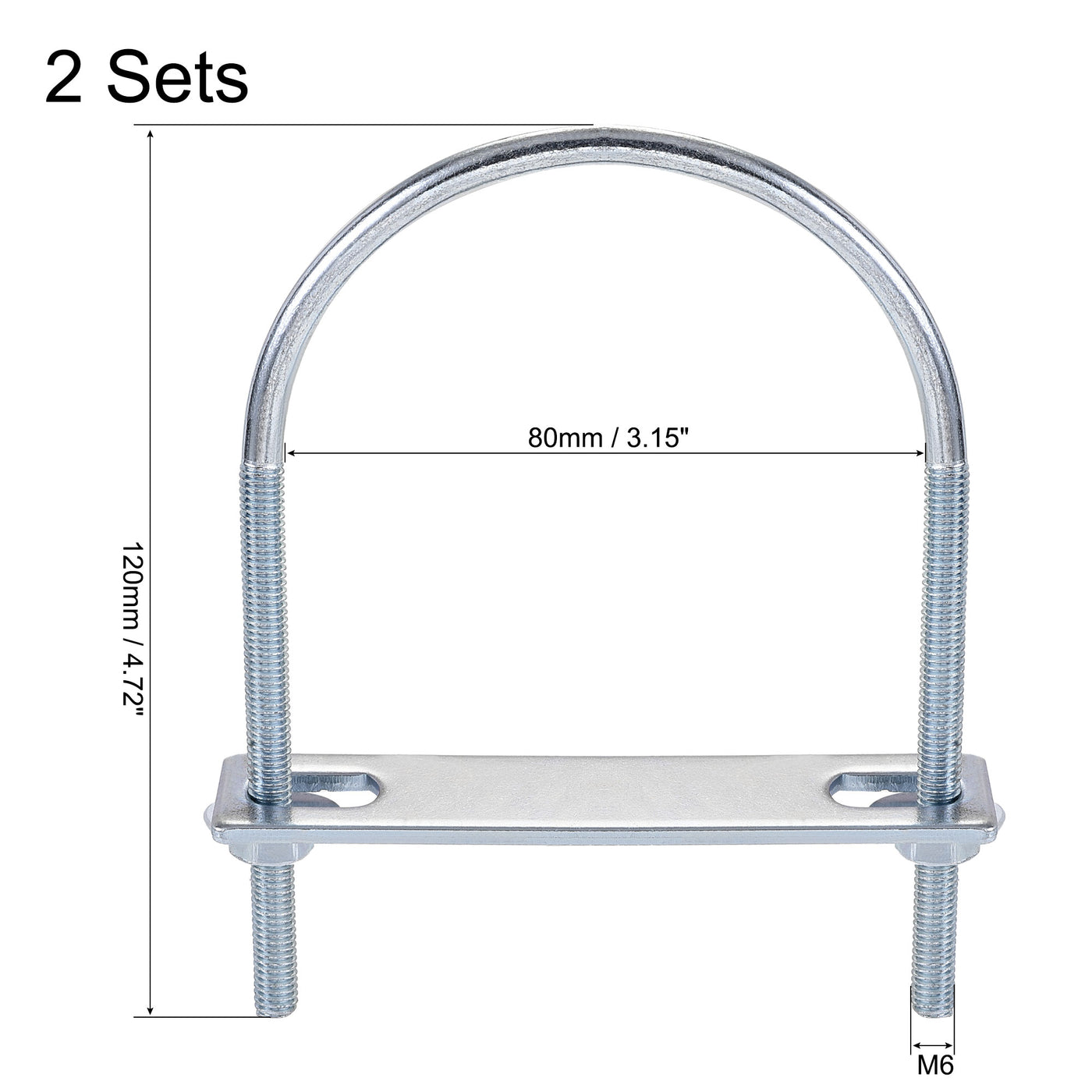 Harfington Round U-Bolt 80mm Inner Width 120mm Length Steel M6 with Nut Plate Washer 2 Sets