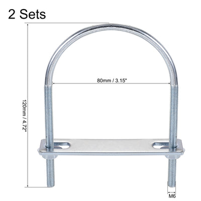 Harfington Round U-Bolt 80mm Inner Width 120mm Length Steel M6 with Nut Plate Washer 2 Sets
