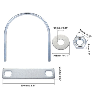 Harfington Round U-Bolt 95mm Inner Width 110mm Length Steel M6 with Nut Plate Washer 1 Set