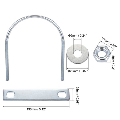 Harfington Round U-Bolt 95mm Inner Width 130mm Length Steel M6 with Nut Plate Washer 1 Set