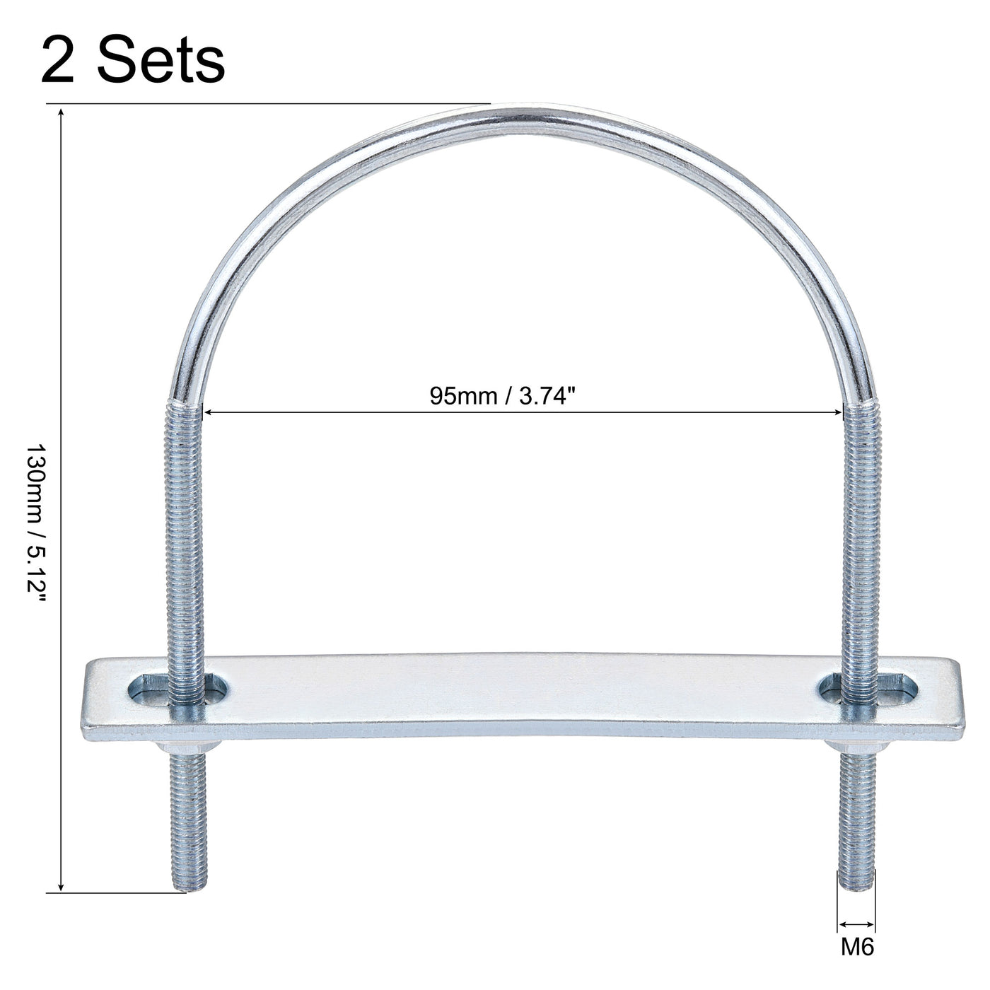 Harfington Round U-Bolt 95mm Inner Width 130mm Length Steel M6 with Nut Plate Washer 2 Sets