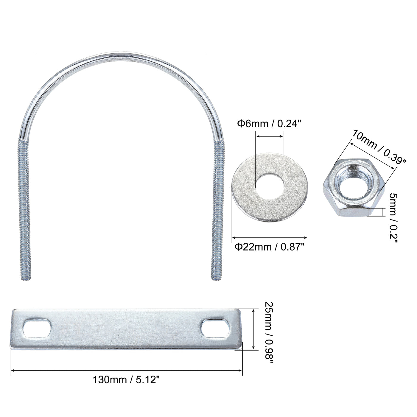 Harfington Round U-Bolt 95mm Inner Width 130mm Length Steel M6 with Nut Plate Washer 2 Sets