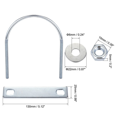 Harfington Round U-Bolt 95mm Inner Width 130mm Length Steel M6 with Nut Plate Washer 2 Sets