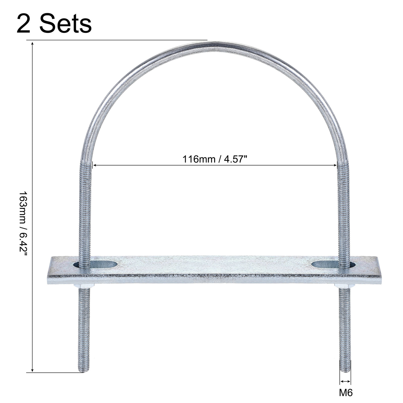 Harfington Round U-Bolt 116mm Inner Width 163mm Long Steel M6 with Nut Plate Washer 2 Sets
