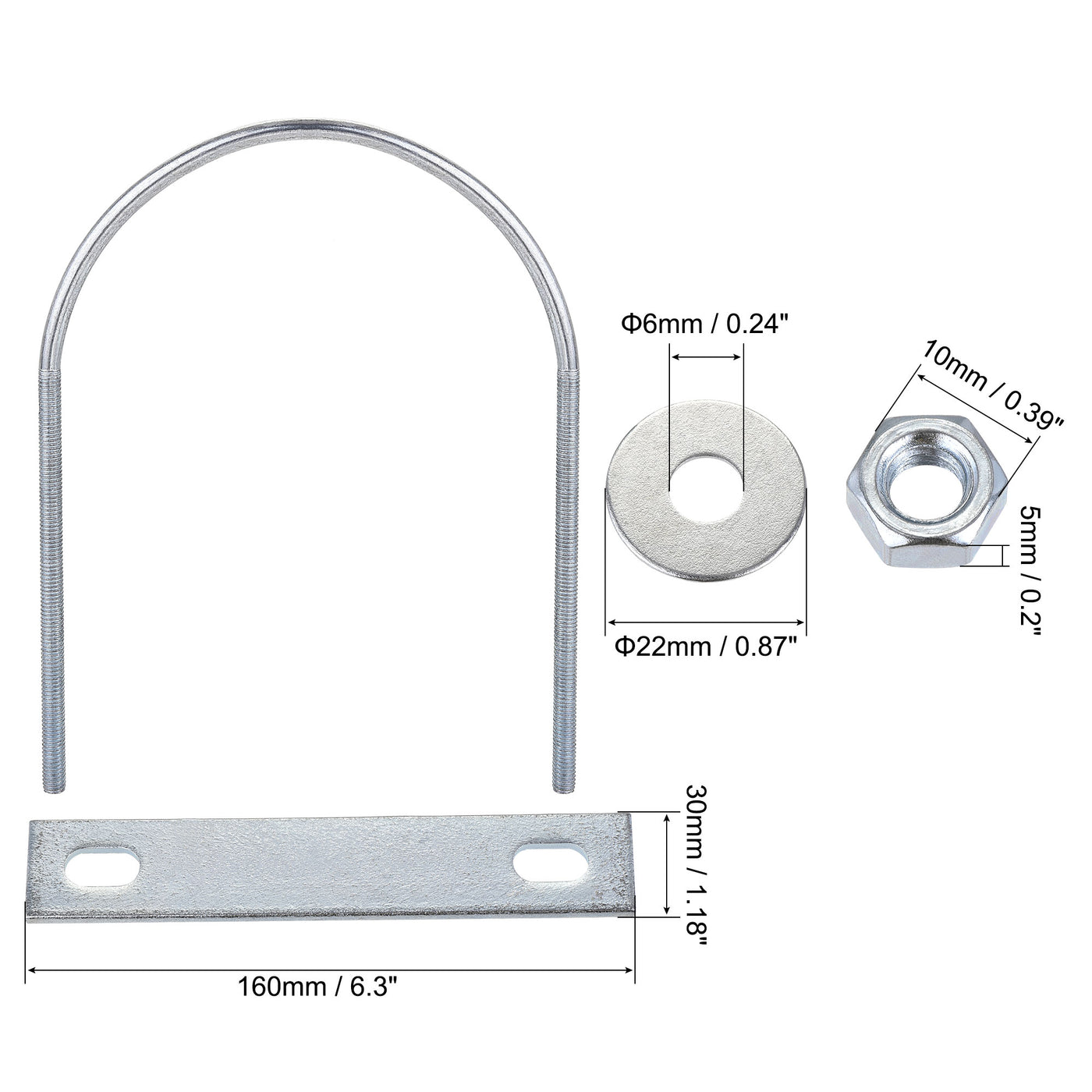 Harfington Round U-Bolt 116mm Inner Width 163mm Long Steel M6 with Nut Plate Washer 2 Sets