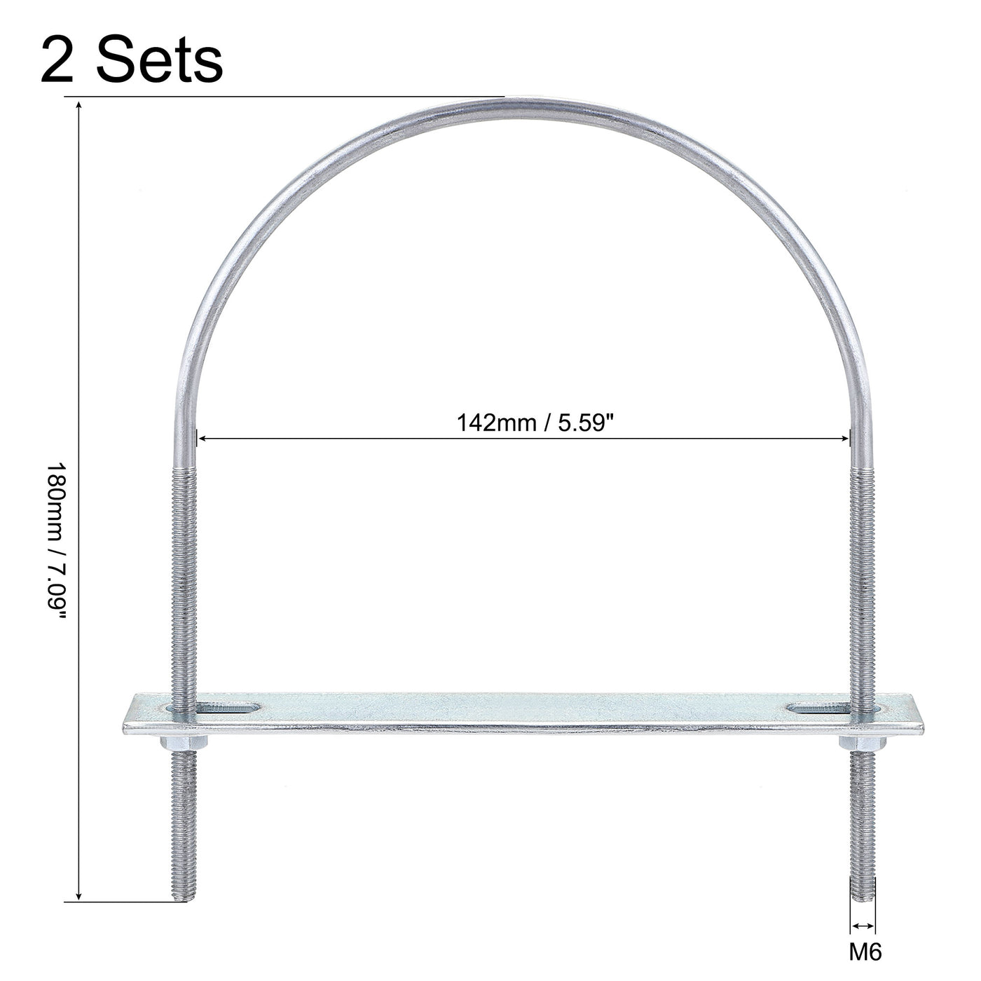 Harfington Round U-Bolt 142mm Inner Width 180mm Long Steel M6 with Nut Plate Washer 2 Sets