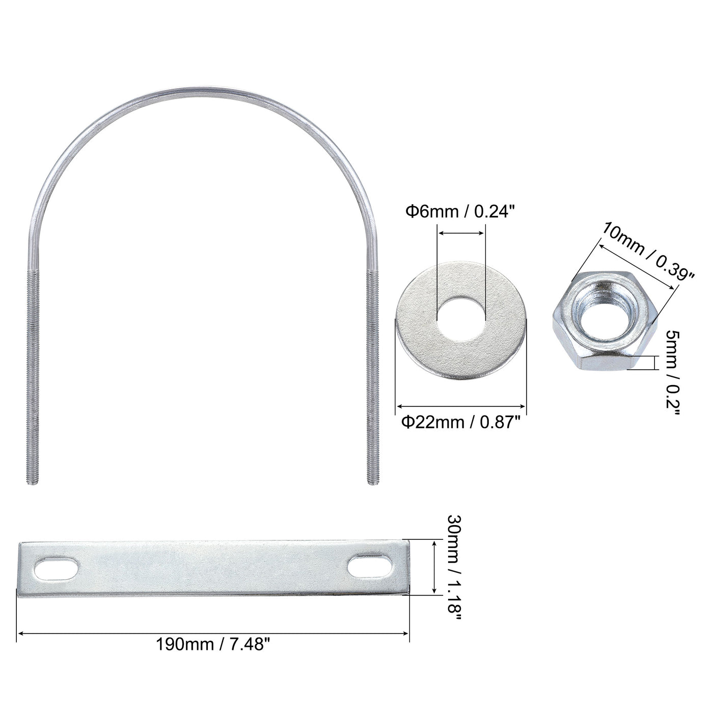 Harfington Round U-Bolt 142mm Inner Width 180mm Long Steel M6 with Nut Plate Washer 2 Sets