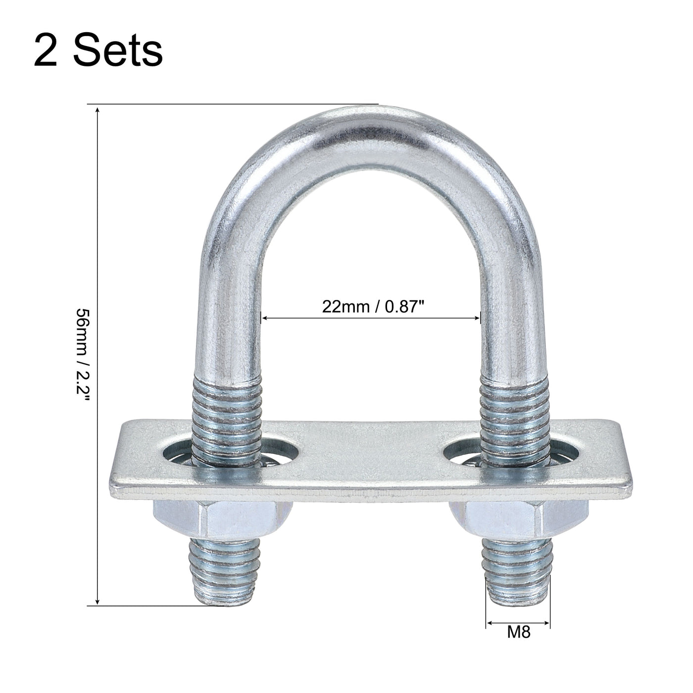 Harfington Round U-Bolt 22mm Inner Width 56mm Length Steel M8 with Nut Plate 2 Sets