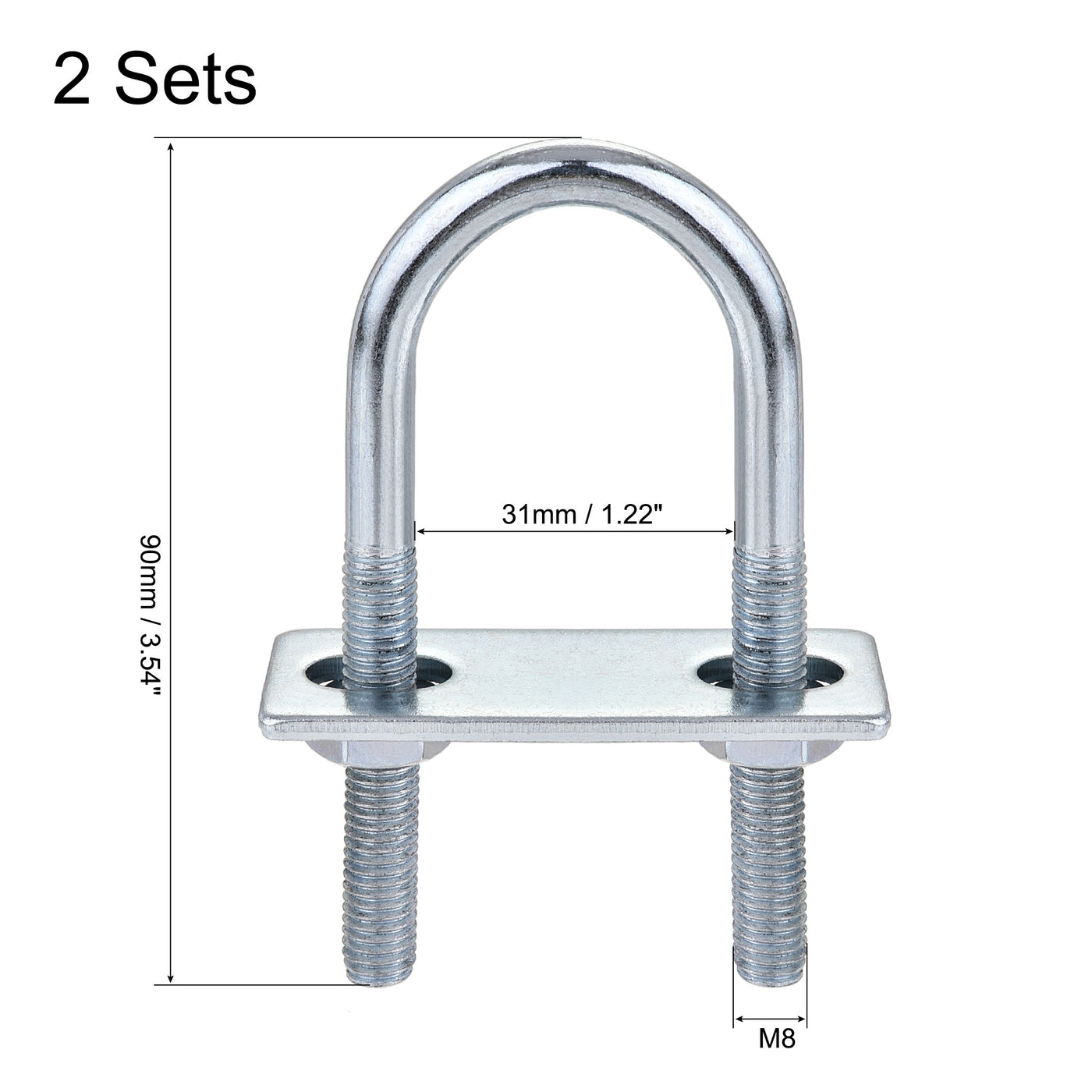 Harfington Round U-Bolt 31mm Inner Width 90mm Length Steel M8 with Nut Plate 2 Set