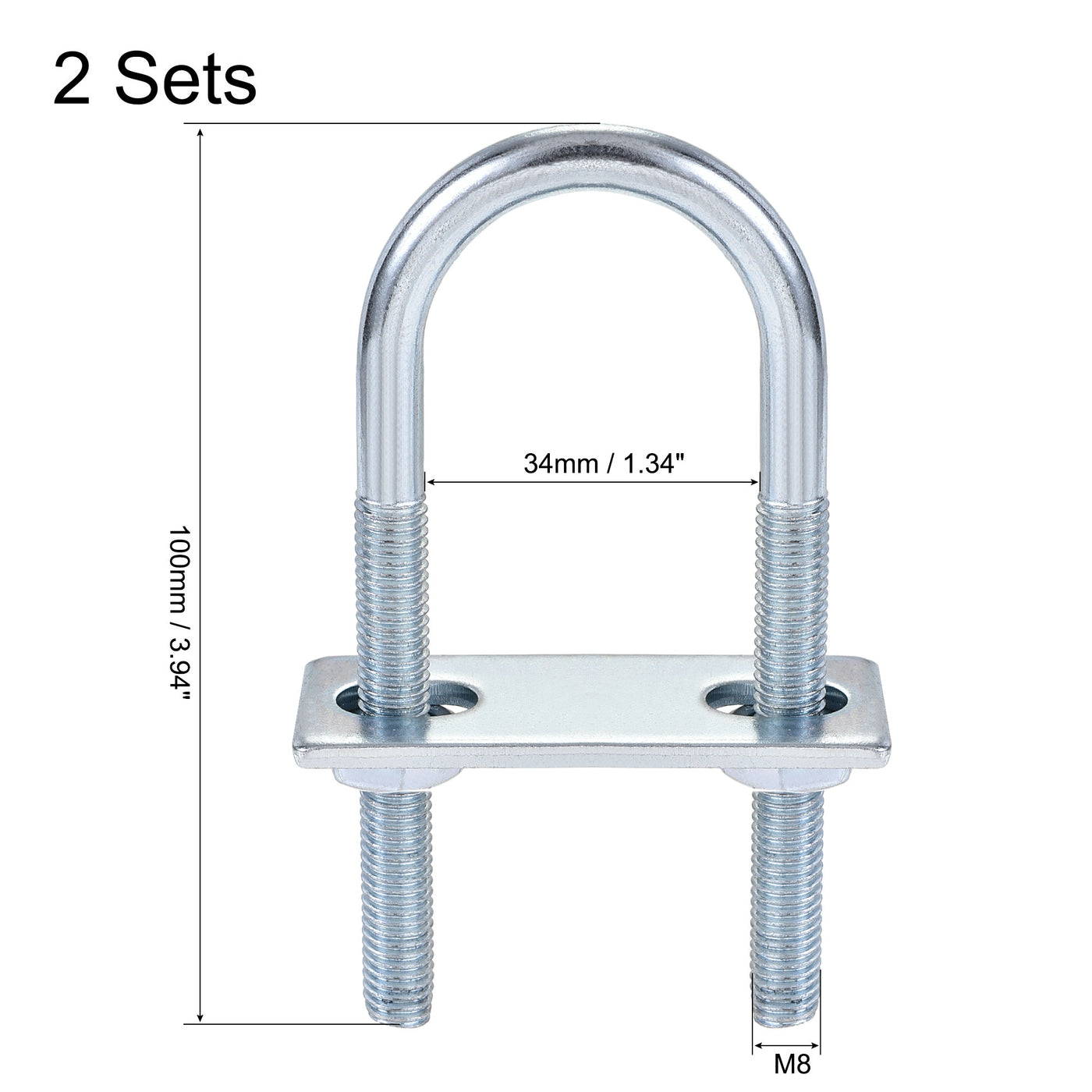 Harfington Round U-Bolt 34mm Inner Width 100mm Length Steel M8 with Nut Plate 2 Sets