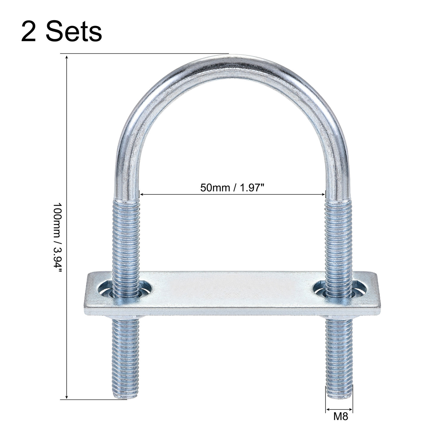 Harfington Round U-Bolt 50mm Inner Width 100mm Length Steel M8 with Nut Plate 2 Sets