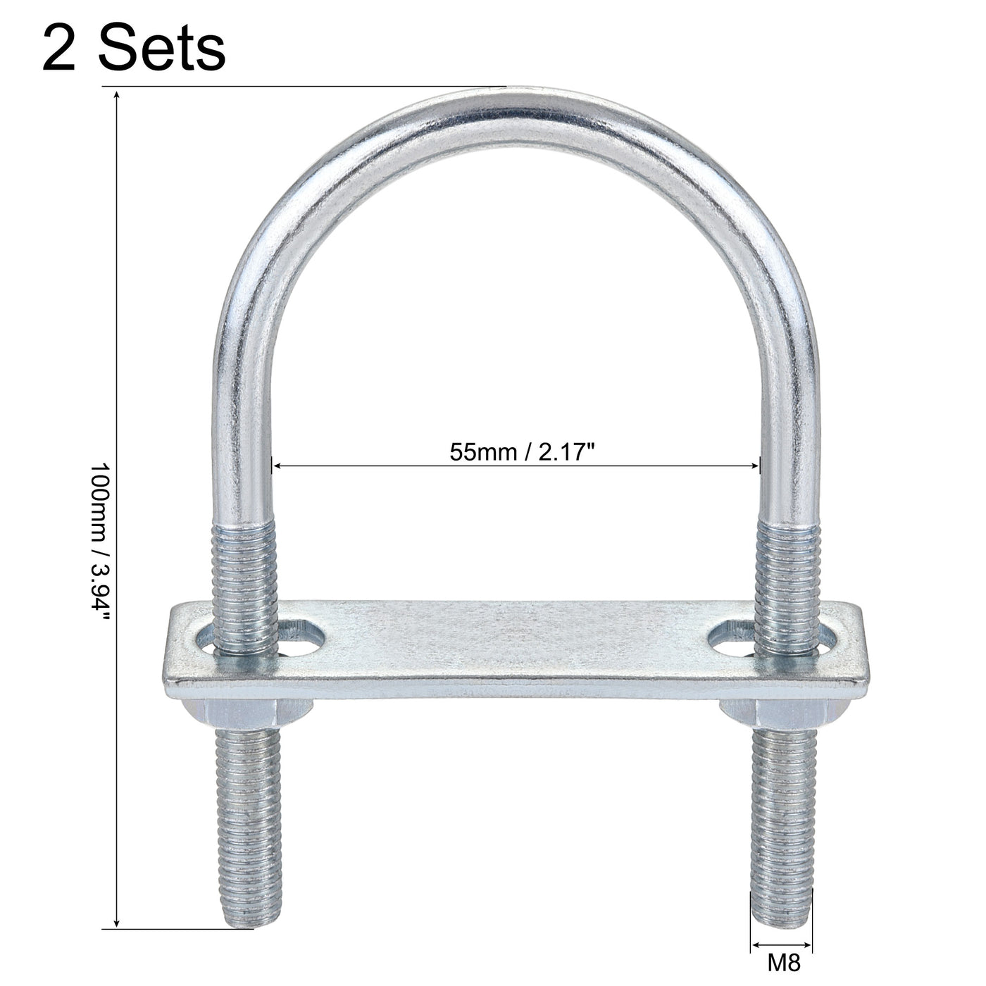 Harfington Round U-Bolt 55mm Inner Width 100mm Length Steel M8 with Nut Plate 2 Sets