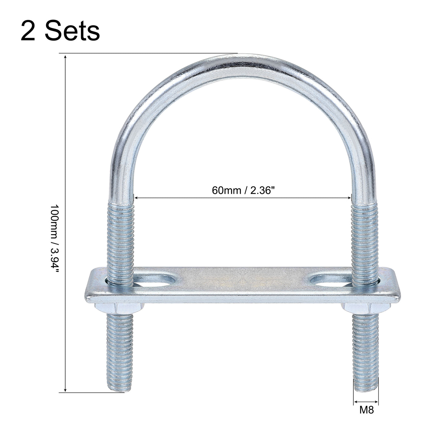 Harfington Round U-Bolt 60mm Inner Width 100mm Length Steel M8 with Nut Plate 2 Sets
