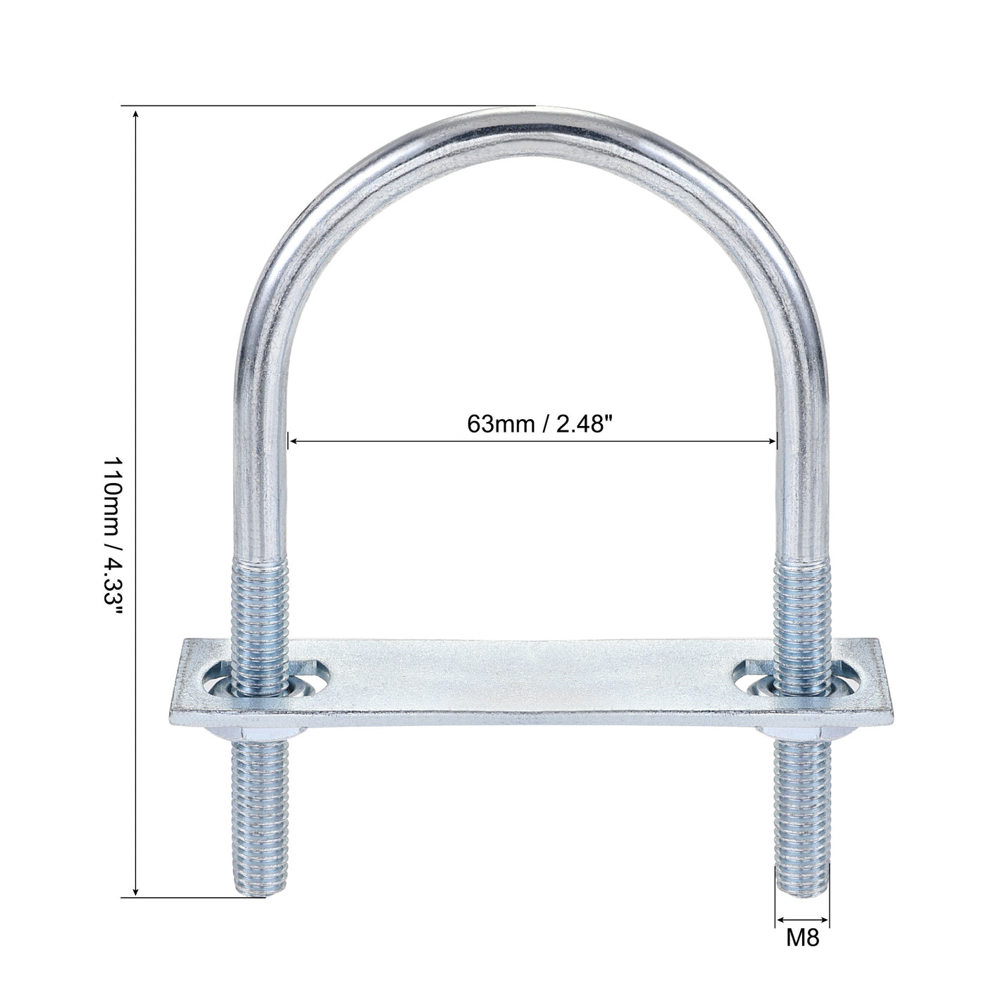 Harfington Round U-Bolt 63mm Inner Width 110mm Length Steel M8 with Nut Plate 1 Set