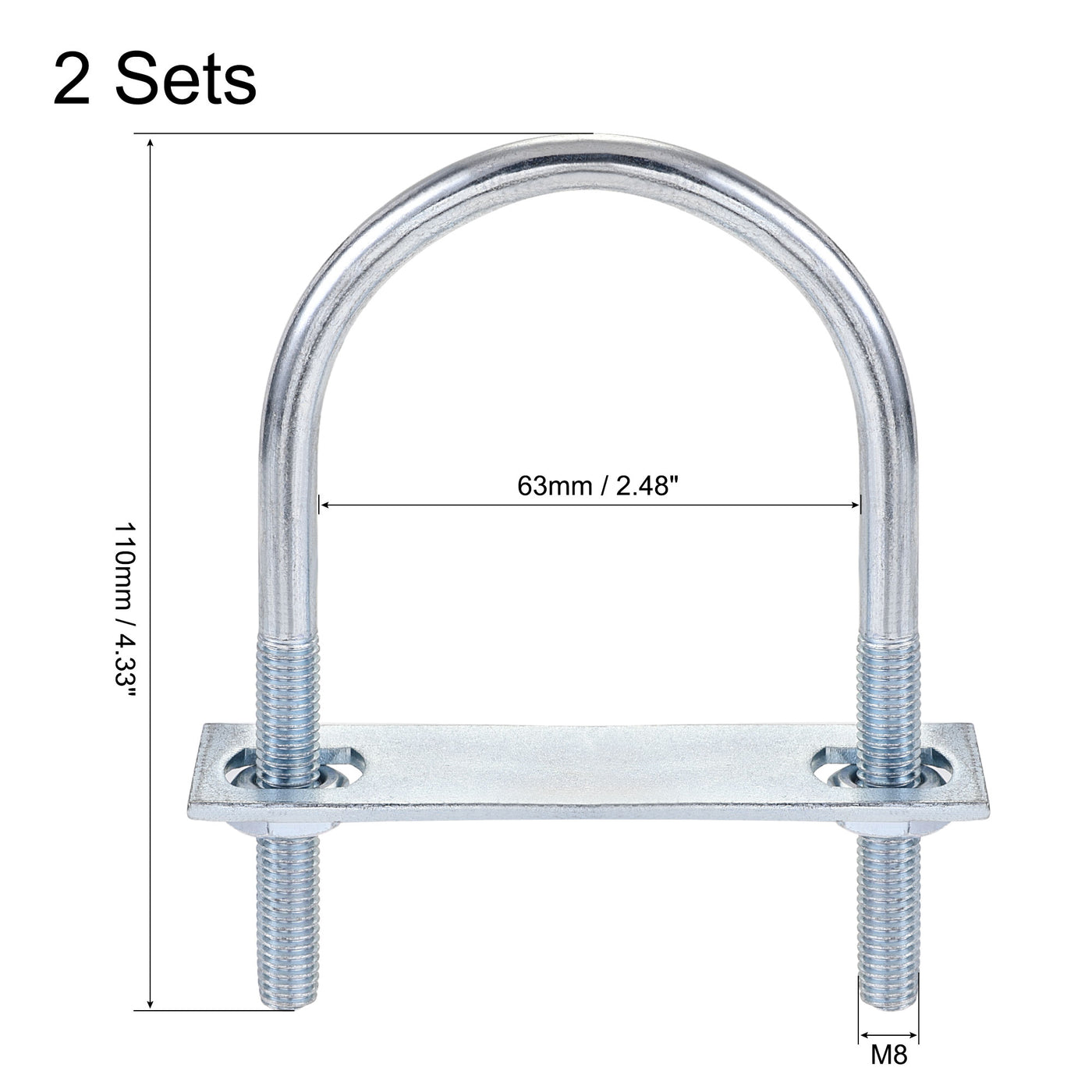 Harfington Round U-Bolt 63mm Inner Width 110mm Length Steel M8 with Nut Plate 2 Sets