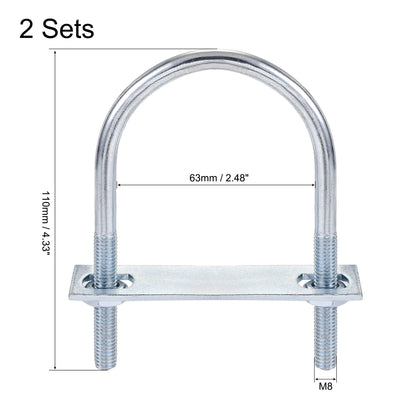Harfington Round U-Bolt 63mm Inner Width 110mm Length Steel M8 with Nut Plate 2 Sets