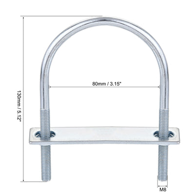 Harfington Round U-Bolt 80mm Inner Width 130mm Length Steel M8 with Nut Plate 1 Set