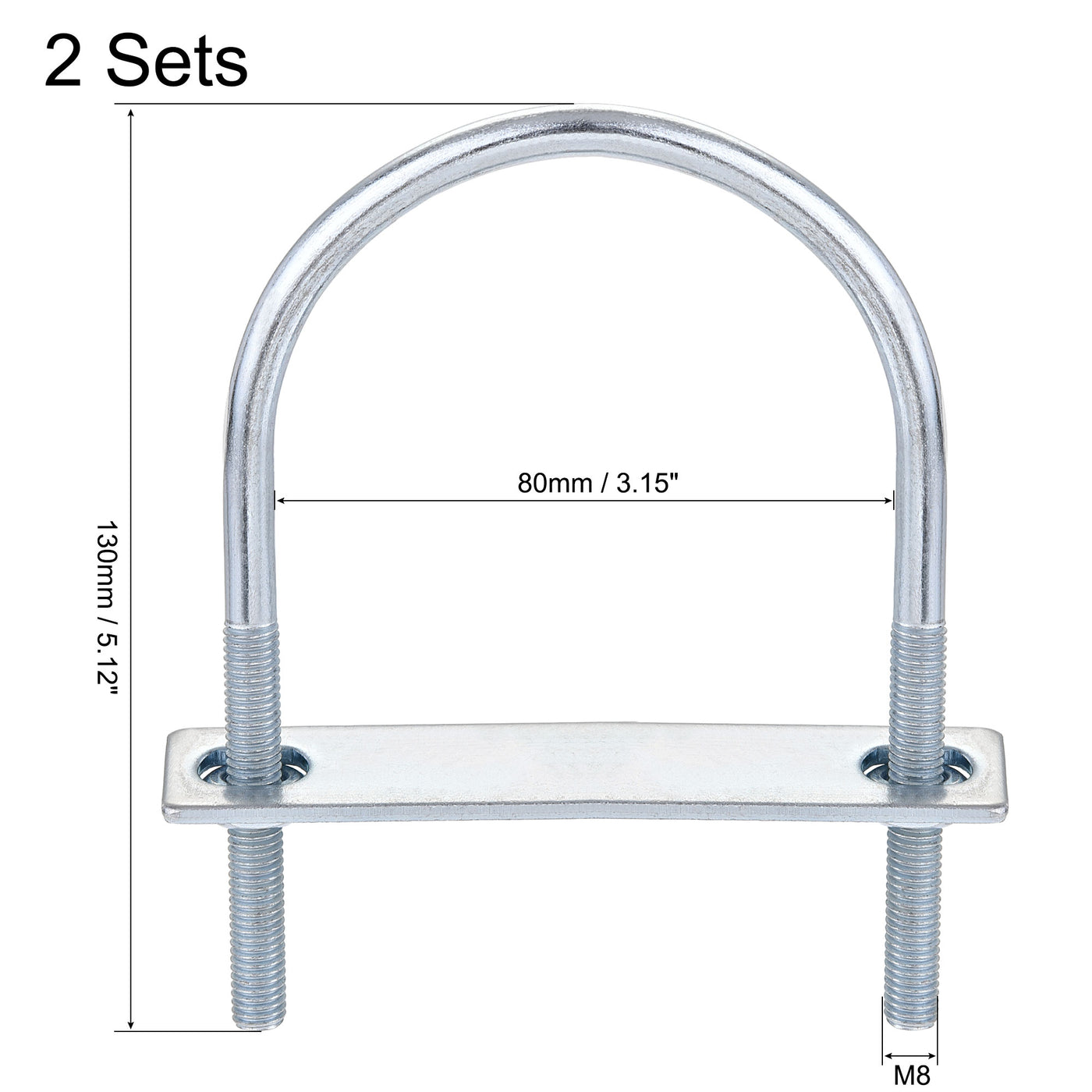 Harfington Round U-Bolt 80mm Inner Width 130mm Length Steel M8 with Nut Plate 2 Sets