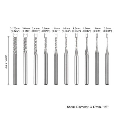 Harfington 0,8 mm-3,175 mm Schaftfräser CNC-Fräser, 1/8 Zoll Schaft, Hartmetall-Gravurfräser für Leiterplatten, Kunststoff, Fasern, Hartholz, 10 Stück