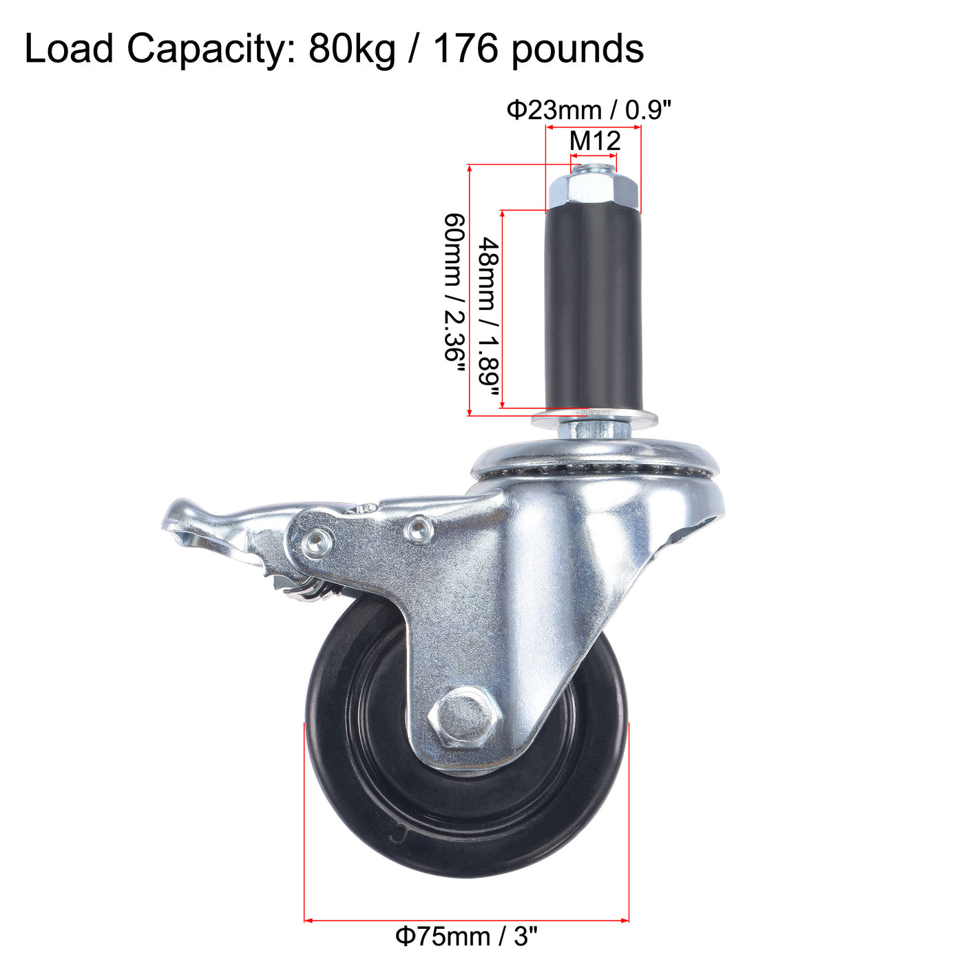 Harfington Swivel Expanding Stem Caster with Brake for Kitchen Prep Tables, Rubber