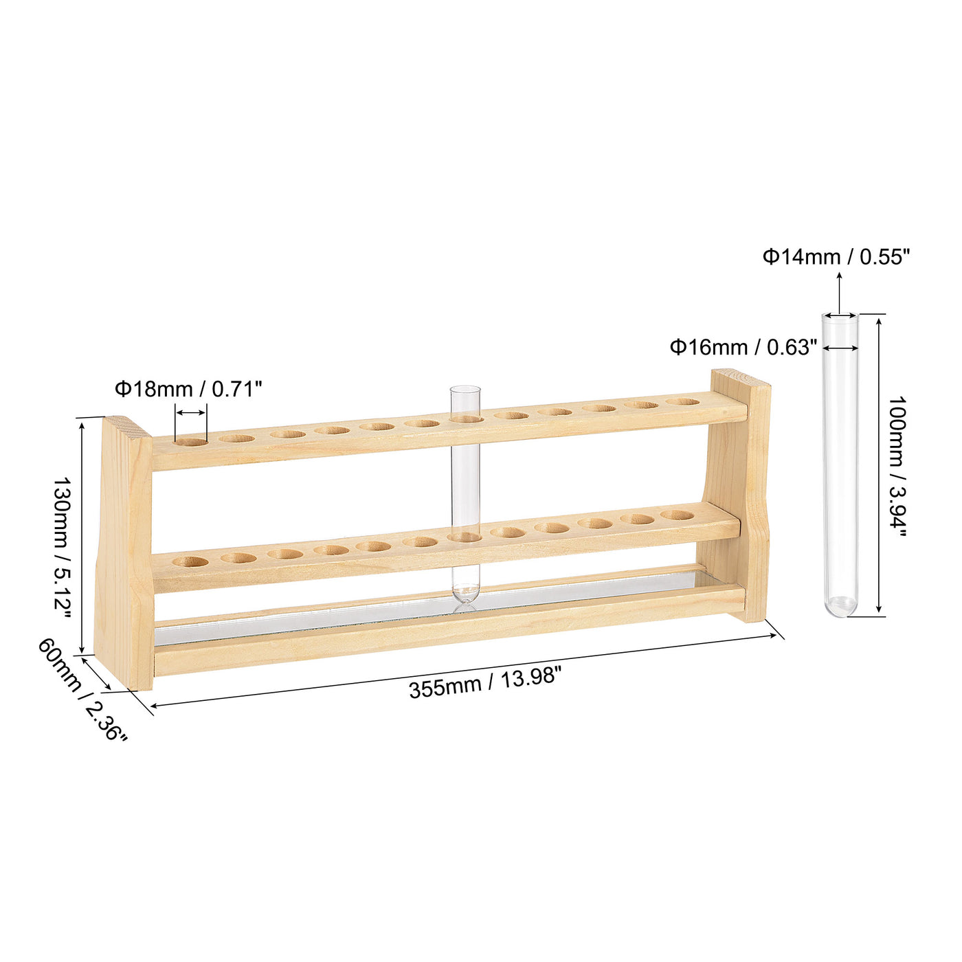 Harfington 12Pcs PS Plastic Test Tubes with 1 wooden Tube Rack, Round Base, 16x100mm, Storage Container for Scientific Experiments