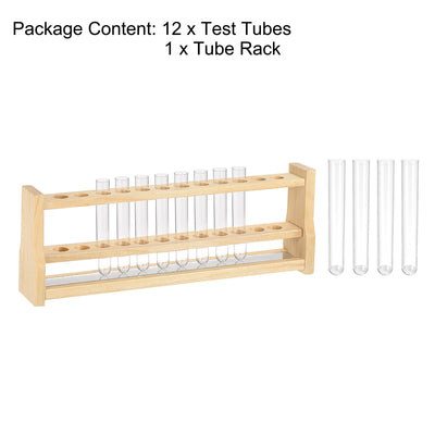 Harfington 12Pcs PS Plastic Test Tubes with 1 wooden Tube Rack, Round Base, 16x100mm, Storage Container for Scientific Experiments