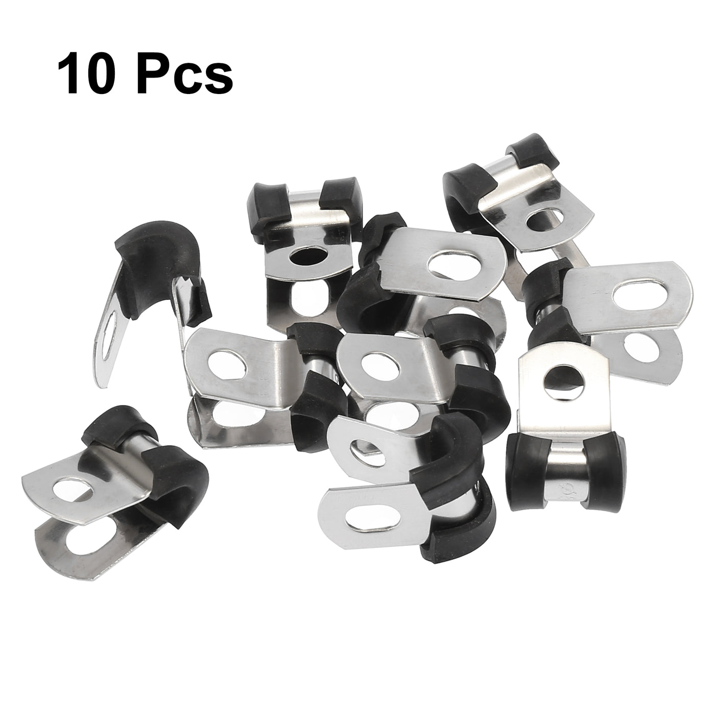 Harfington 10pcs R Shape Automotive 304 Stainless Steel Cable Clamp Rubber Cushioned Metal Clamp Fastener for Tube Pipe Wire Installation