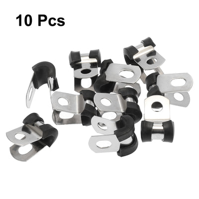 Harfington 10pcs R Shape Automotive 304 Stainless Steel Cable Clamp Rubber Cushioned Metal Clamp Fastener for Tube Pipe Wire Installation