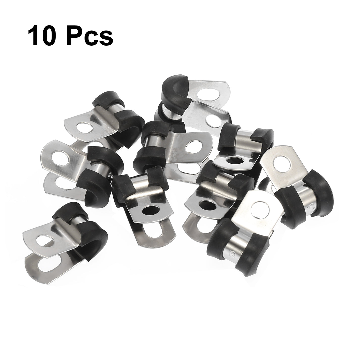 Harfington 10pcs R Shape Automotive 304 Stainless Steel Cable Clamp Rubber Cushioned Metal Clamp Fastener for Tube Pipe Wire Installation