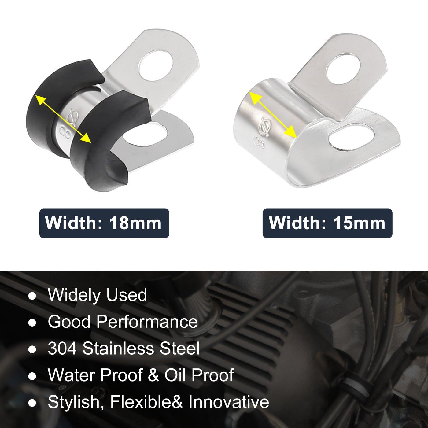 Harfington 10pcs R Shape Automotive 304 Stainless Steel Cable Clamp Rubber Cushioned Metal Clamp Fastener for Tube Pipe Wire Installation