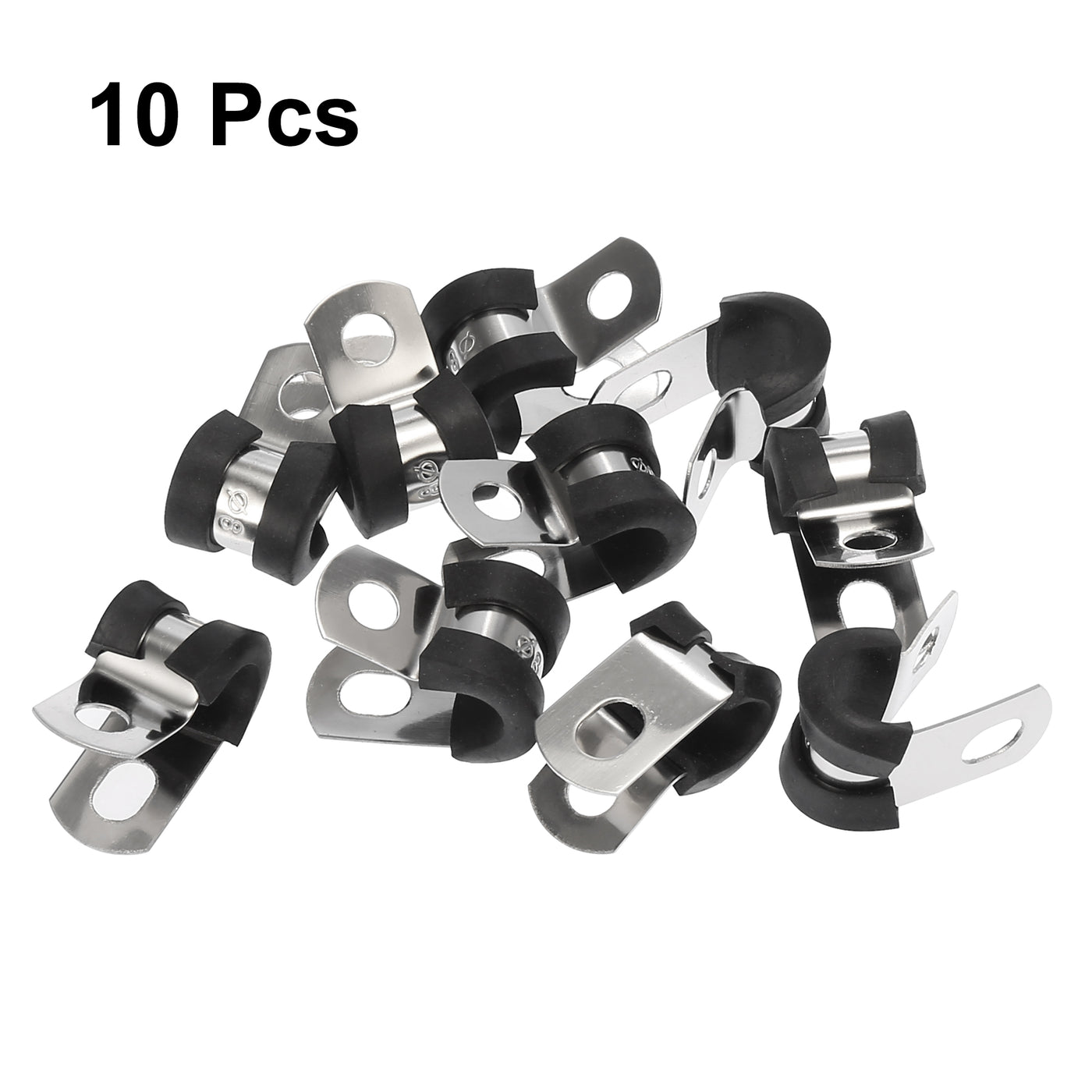 Harfington 10pcs R Shape Automotive 304 Stainless Steel Cable Clamp Rubber Cushioned Metal Clamp Fastener for Tube Pipe Wire Installation