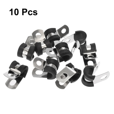 Harfington 10pcs R Shape Automotive 304 Stainless Steel Cable Clamp Rubber Cushioned Metal Clamp Fastener for Tube Pipe Wire Installation