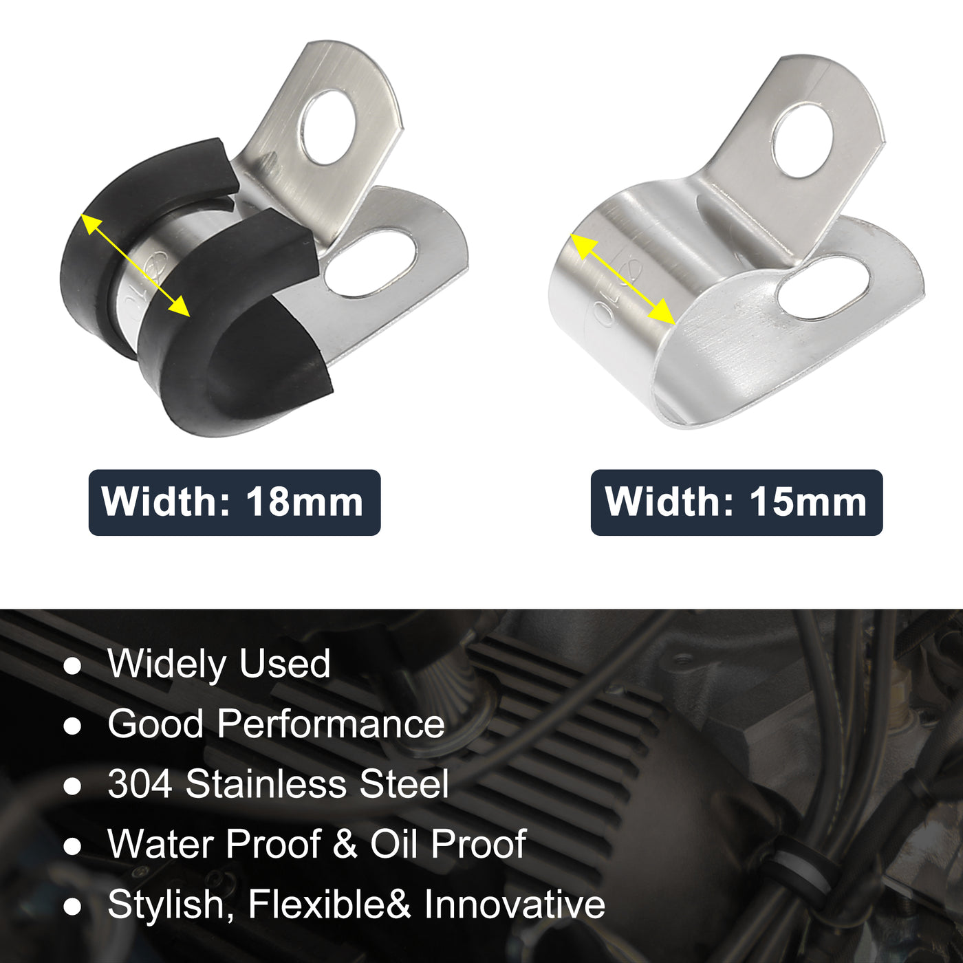 Harfington 10pcs R Shape Automotive 304 Stainless Steel Cable Clamp Rubber Cushioned Metal Clamp Fastener for Tube Pipe Wire Installation