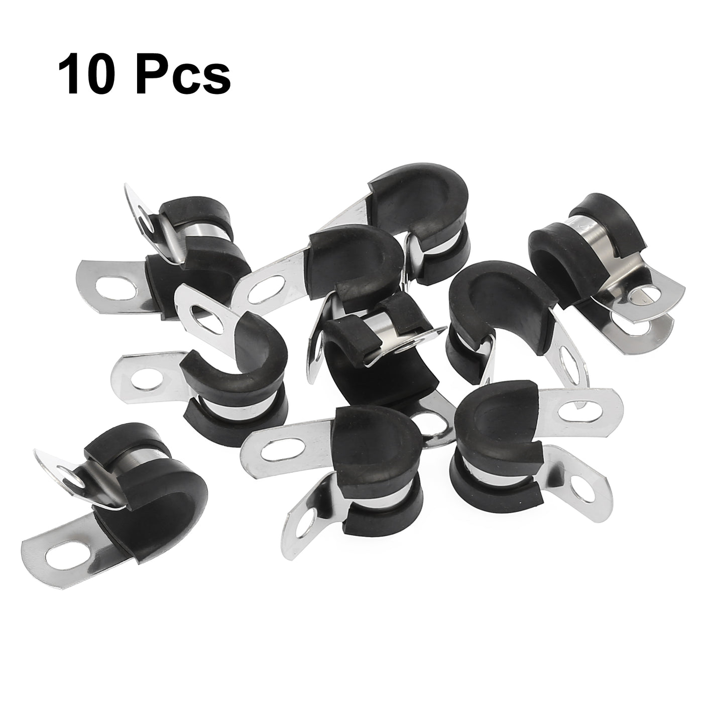 Harfington 10pcs R Shape Automotive 304 Stainless Steel Cable Clamp Rubber Cushioned Metal Clamp Fastener for Tube Pipe Wire Installation
